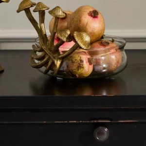 Artistic sculpture featuring mushrooms and apples on a black surface.