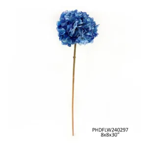 Single blue hydrangea flower on a thin stem.