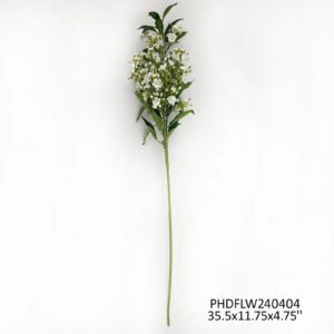 A single stem with green leaves and small white flowers.