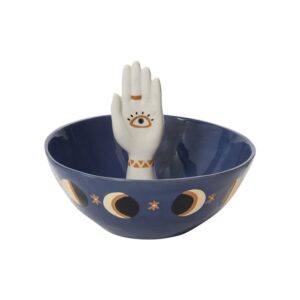 A bowl with an evil eye design and a hand.