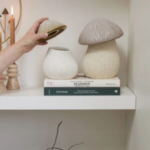 A person holding a phone near some vases on a shelf.