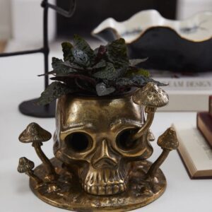 A gold skull planter sitting on top of a table.