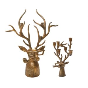 A pair of brass deer head candlesticks.