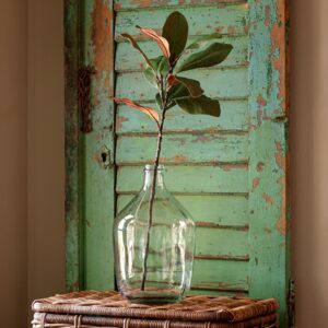A single branch with green leaves in a glass jar on a wooden surface.