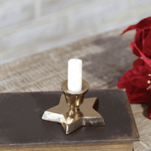 A lit white candle in a star-shaped holder on a book with red flowers nearby.